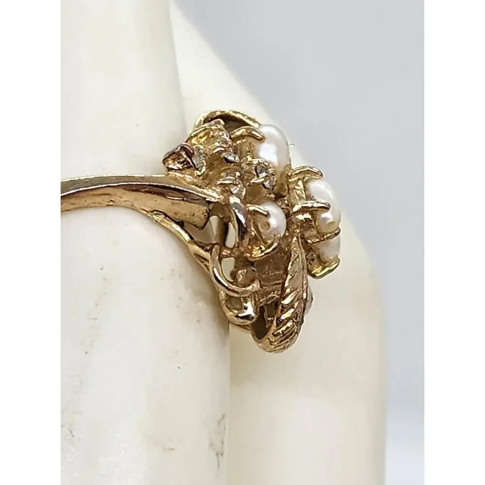 Vintage Genuine Pearl Rhinestone Cluster Cocktail Ring Floral Gold Plate Sz 6.75